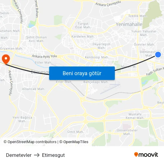 Demetevler to Etimesgut map