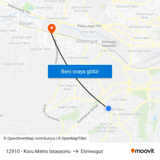 12910 - Koru Metro İstasyonu to Etimesgut map