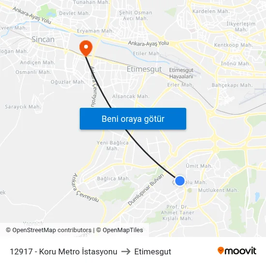 12917 - Koru Metro İstasyonu to Etimesgut map