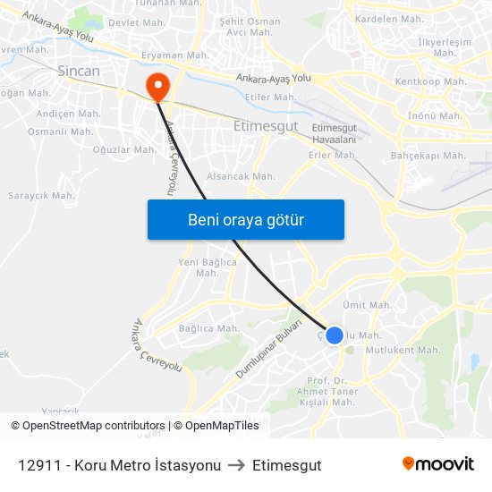 12911 - Koru Metro İstasyonu to Etimesgut map