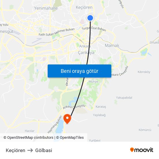 Keçiören to Gölbasi map