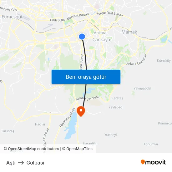 Aşti to Gölbasi map