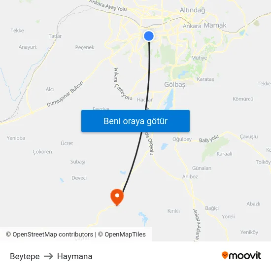 Beytepe to Haymana map