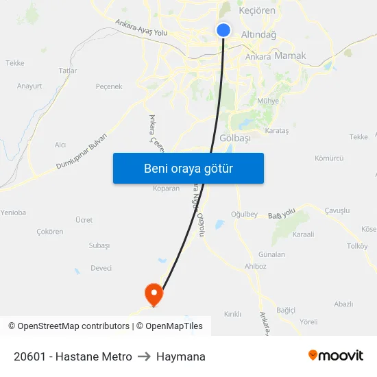20601 - Hastane Metro to Haymana map