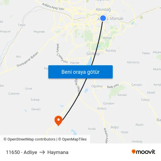 11650 - Adliye to Haymana map