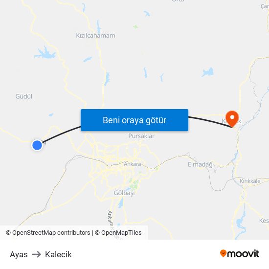 Ayas to Kalecik map