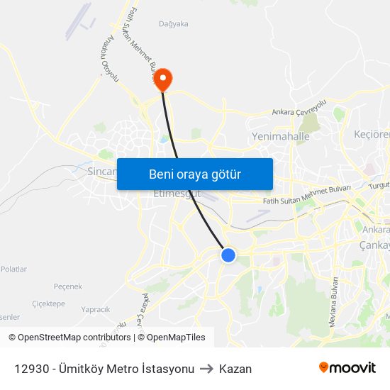 12930 - Ümitköy Metro İstasyonu to Kazan map