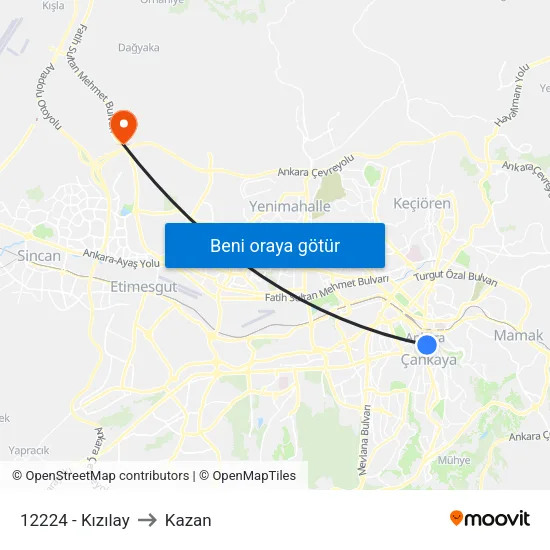 12224 - Kızılay to Kazan map