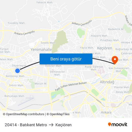 20414 - Batıkent Metro to Keçiören map