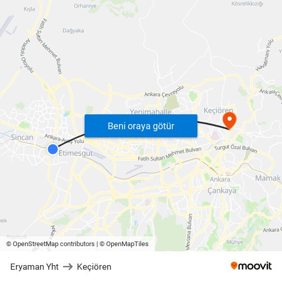 Eryaman Yht to Keçiören map
