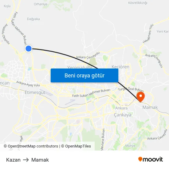 Kazan to Mamak map