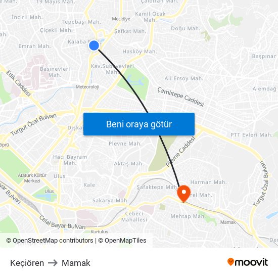 Keçiören to Mamak map