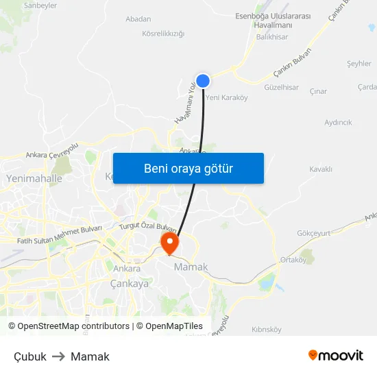 Çubuk to Mamak map