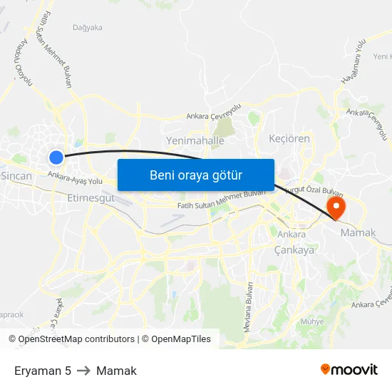 Eryaman 5 to Mamak map