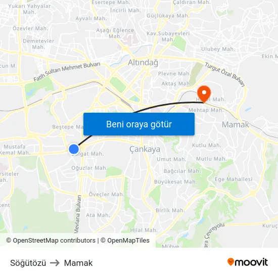 Söğütözü to Mamak map
