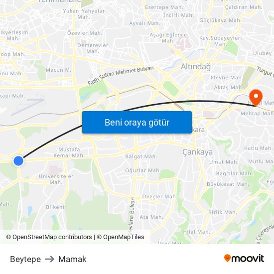 Beytepe to Mamak map