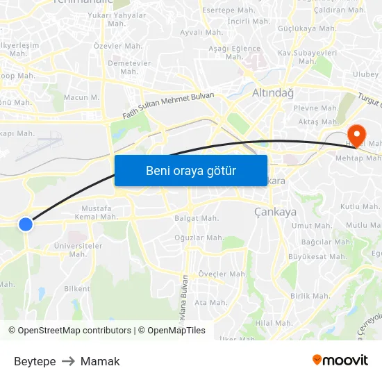 Beytepe to Mamak map