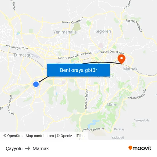 Çayyolu to Mamak map