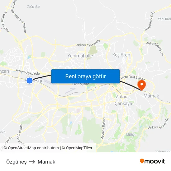 Özgüneş to Mamak map