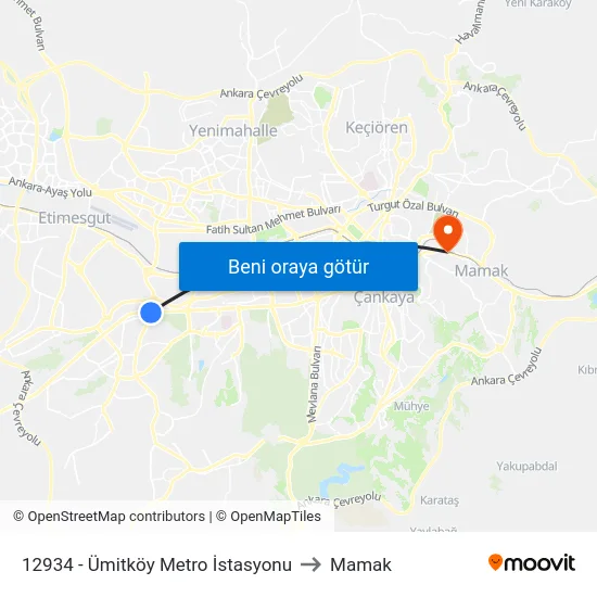 12934 - Ümitköy Metro İstasyonu to Mamak map