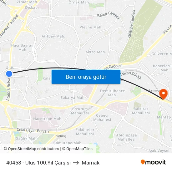 40458 - Ulus 100.Yıl Çarşısı to Mamak map