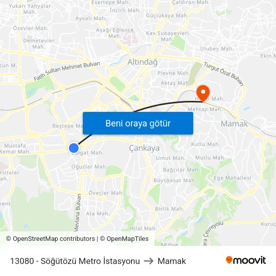 13080 - Söğütözü Metro İstasyonu to Mamak map