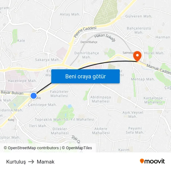 Kurtuluş to Mamak map