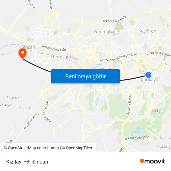 Kızılay to Sincan map