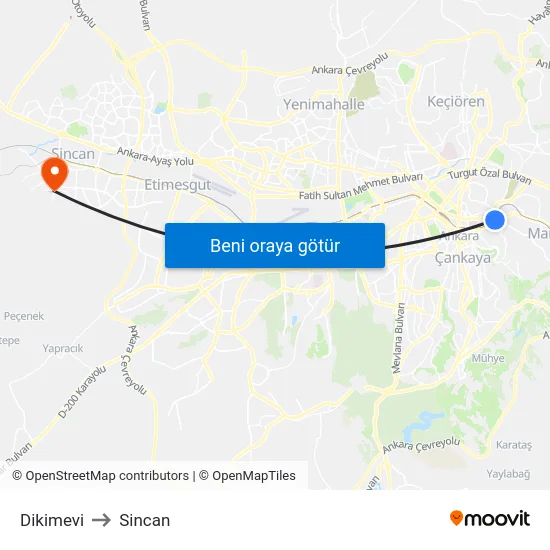 Dikimevi to Sincan map