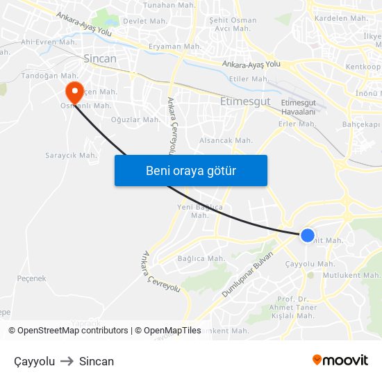 Çayyolu to Sincan map