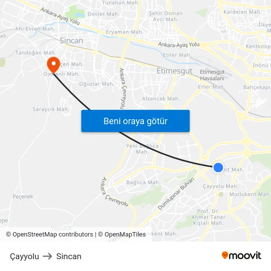Çayyolu to Sincan map