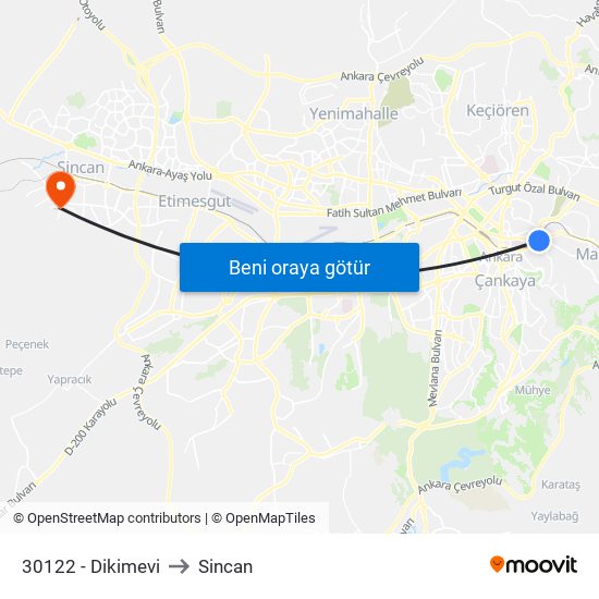 30122 - Dikimevi to Sincan map