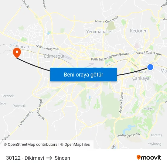 30122 - Dikimevi to Sincan map