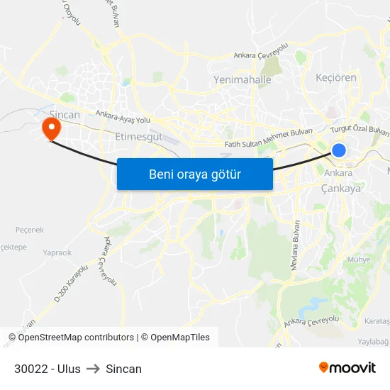 30022 - Ulus to Sincan map