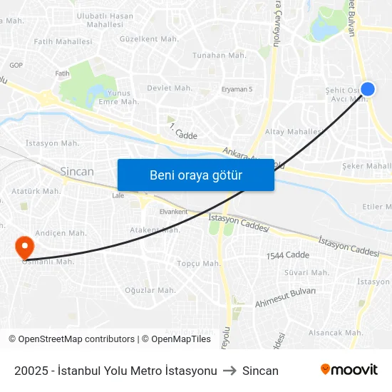 20025 - İstanbul Yolu Metro İstasyonu to Sincan map
