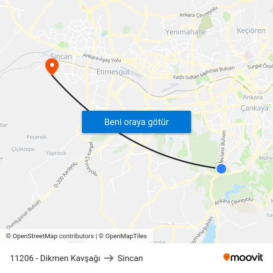 11206 - Dikmen Kavşağı to Sincan map