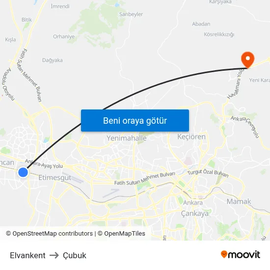 Elvankent to Çubuk map