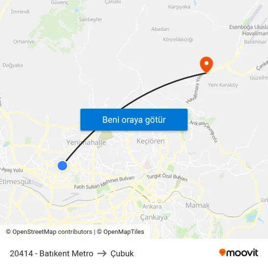 20414 - Batıkent Metro to Çubuk map