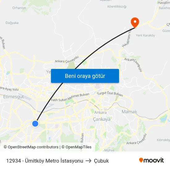 12934 - Ümitköy Metro İstasyonu to Çubuk map