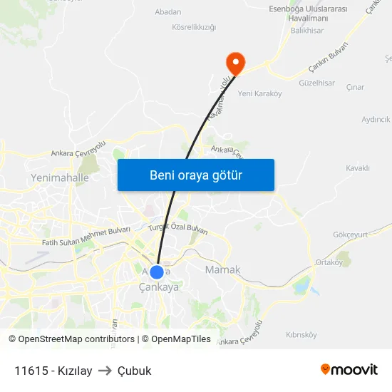 11615 - Kızılay to Çubuk map