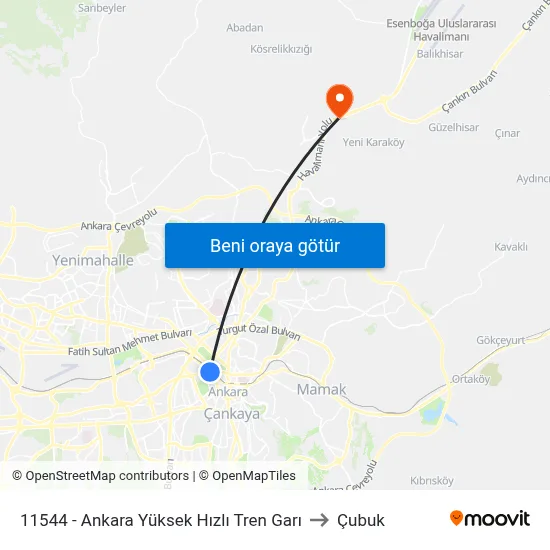 11544 - Ankara Yüksek Hızlı Tren Garı to Çubuk map