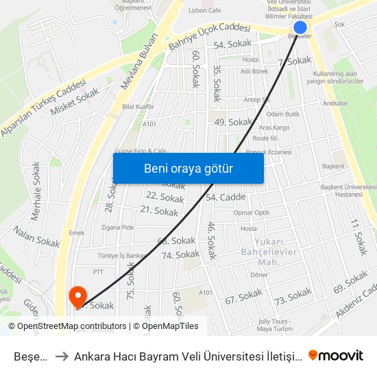 Beşevler to Ankara Hacı Bayram Veli Üniversitesi İletişim Fakültesi map