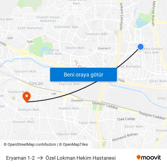 Eryaman 1-2 to Özel Lokman Hekim Hastanesi map