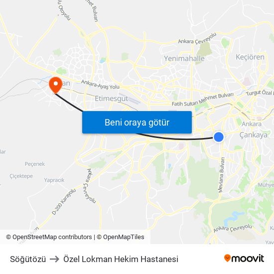 Söğütözü to Özel Lokman Hekim Hastanesi map