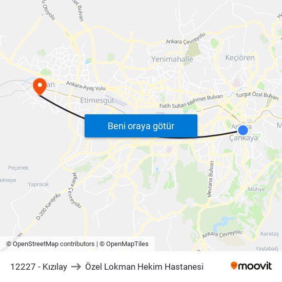 12227 - Kızılay to Özel Lokman Hekim Hastanesi map