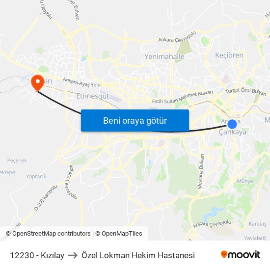 12230 - Kızılay to Özel Lokman Hekim Hastanesi map