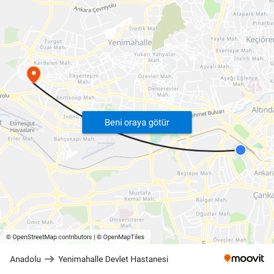Anadolu to Yenimahalle Devlet Hastanesi map