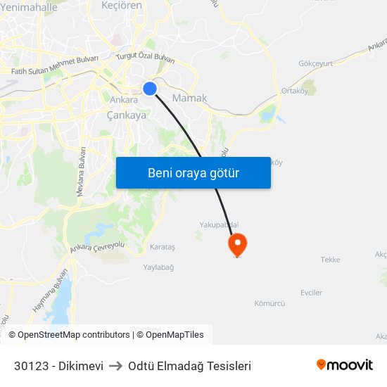 30123 - Dikimevi to Odtü Elmadağ Tesisleri map