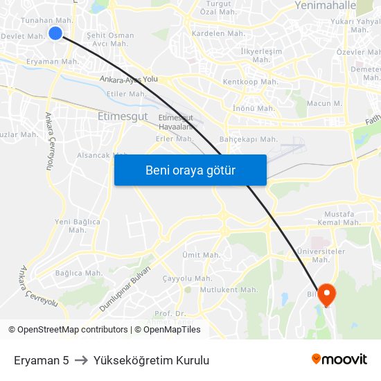 Eryaman 5 to Yükseköğretim Kurulu map