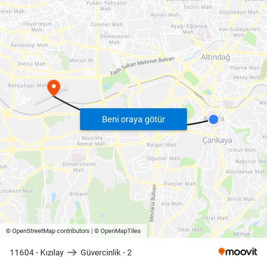 11604 - Kızılay to Güvercinlik - 2 map